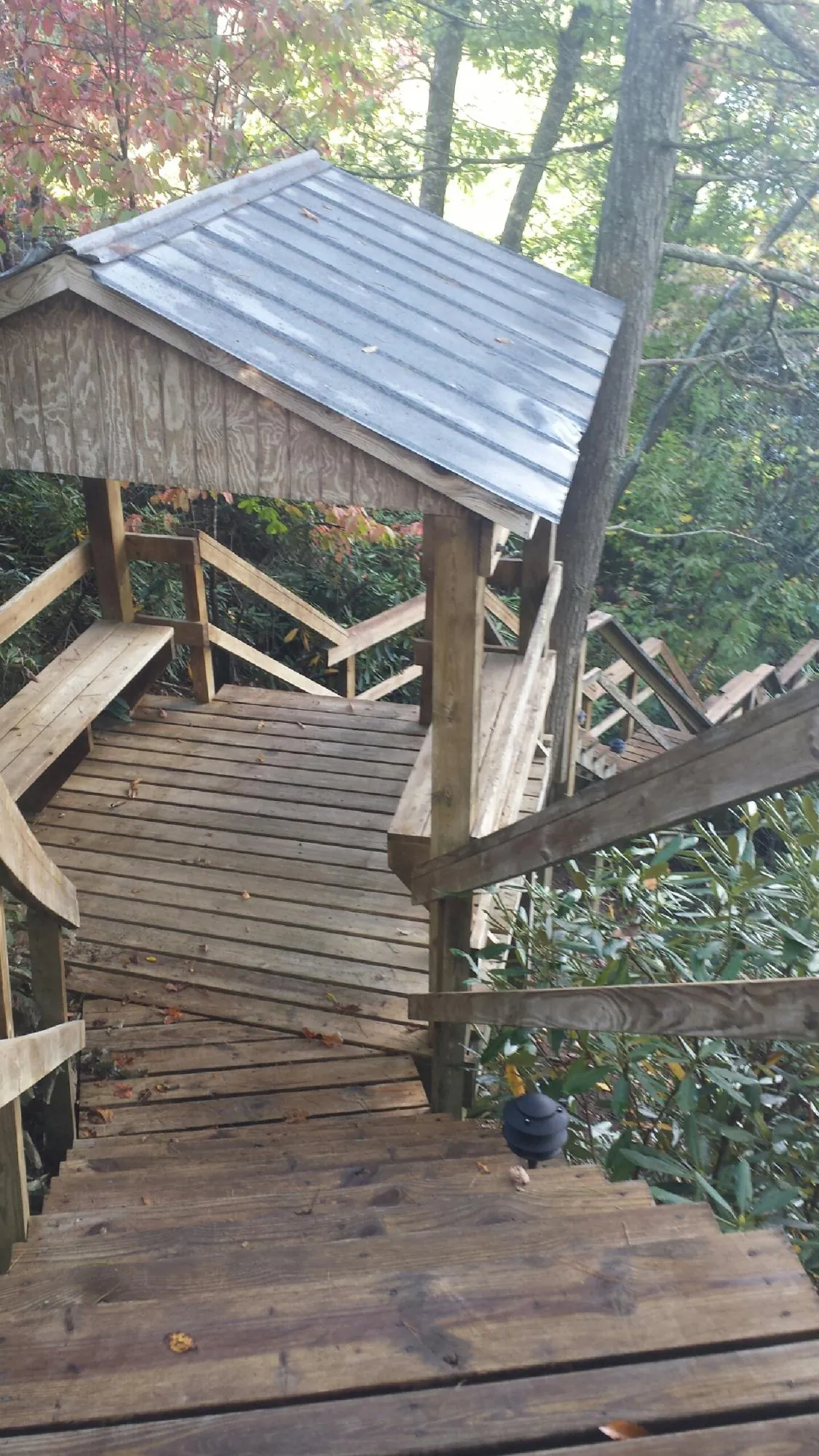 Metal roofed shelter over wooden steps on a wooded walkway — Skylight Repair & Installation work by our crew in Duncansville